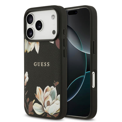 iPhone 17 Pro Kılıf Guess Orjinal Lisanslı M-safe Şarj Özellikli Taneli Çiçek Tasarımlı Metal Yazı Logolu Kapak