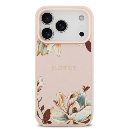 iPhone 17 Pro Kılıf Guess Orjinal Lisanslı M-safe Şarj Özellikli Taneli Çiçek Tasarımlı Metal Yazı Logolu Kapak
