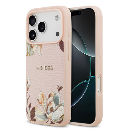 iPhone 17 Pro Kılıf Guess Orjinal Lisanslı M-safe Şarj Özellikli Taneli Çiçek Tasarımlı Metal Yazı Logolu Kapak