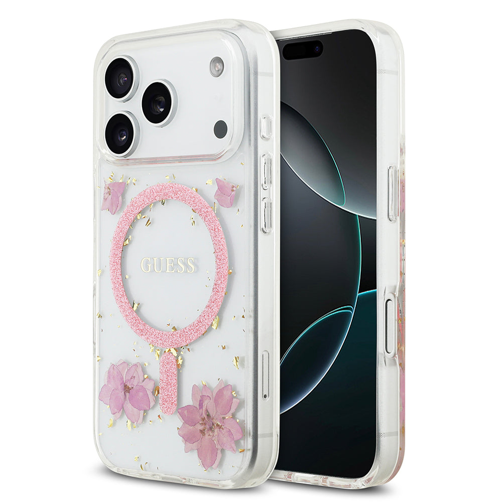 iPhone 17 Pro Kılıf Guess Orjinal Lisanslı M-safe Şarj Özellikli Transparan Resin Flowers Kapak