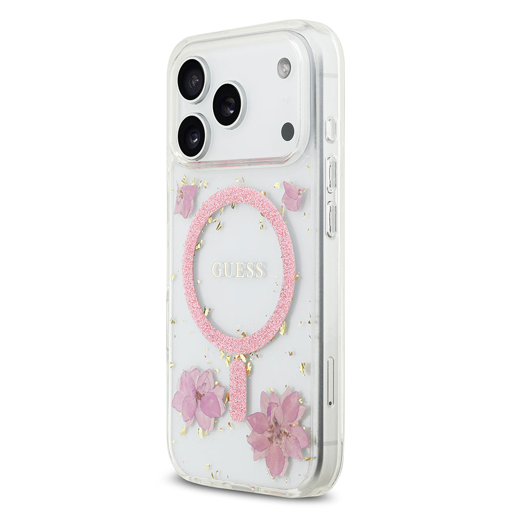 iPhone 17 Pro Kılıf Guess Orjinal Lisanslı M-safe Şarj Özellikli Transparan Resin Flowers Kapak
