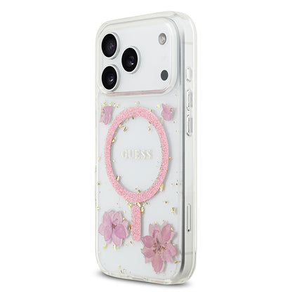 iPhone 17 Pro Kılıf Guess Orjinal Lisanslı M-safe Şarj Özellikli Transparan Resin Flowers Kapak