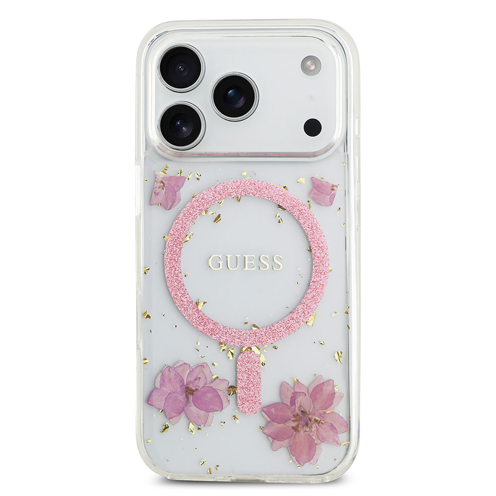 iPhone 17 Pro Kılıf Guess Orjinal Lisanslı M-safe Şarj Özellikli Transparan Resin Flowers Kapak
