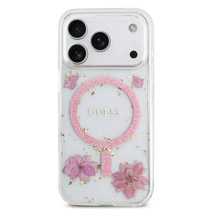 iPhone 17 Pro Kılıf Guess Orjinal Lisanslı M-safe Şarj Özellikli Transparan Resin Flowers Kapak