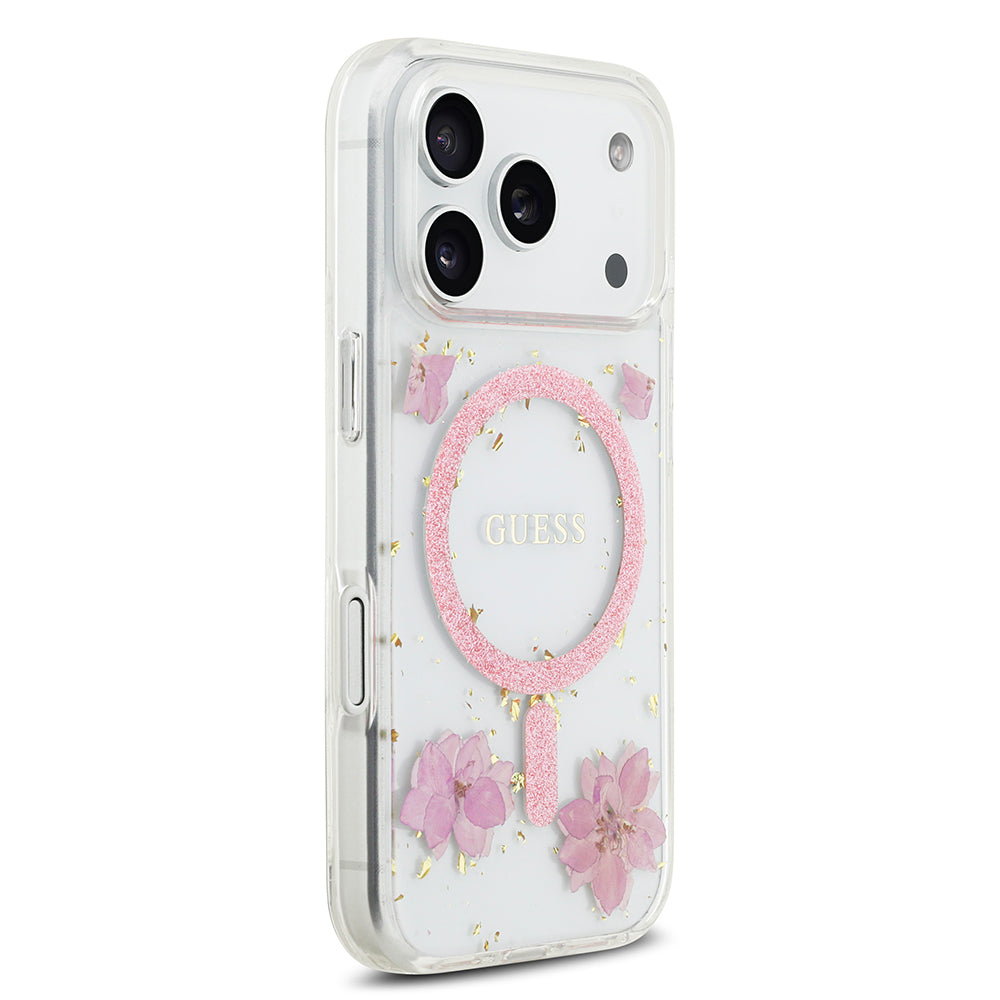 iPhone 17 Pro Kılıf Guess Orjinal Lisanslı M-safe Şarj Özellikli Transparan Resin Flowers Kapak