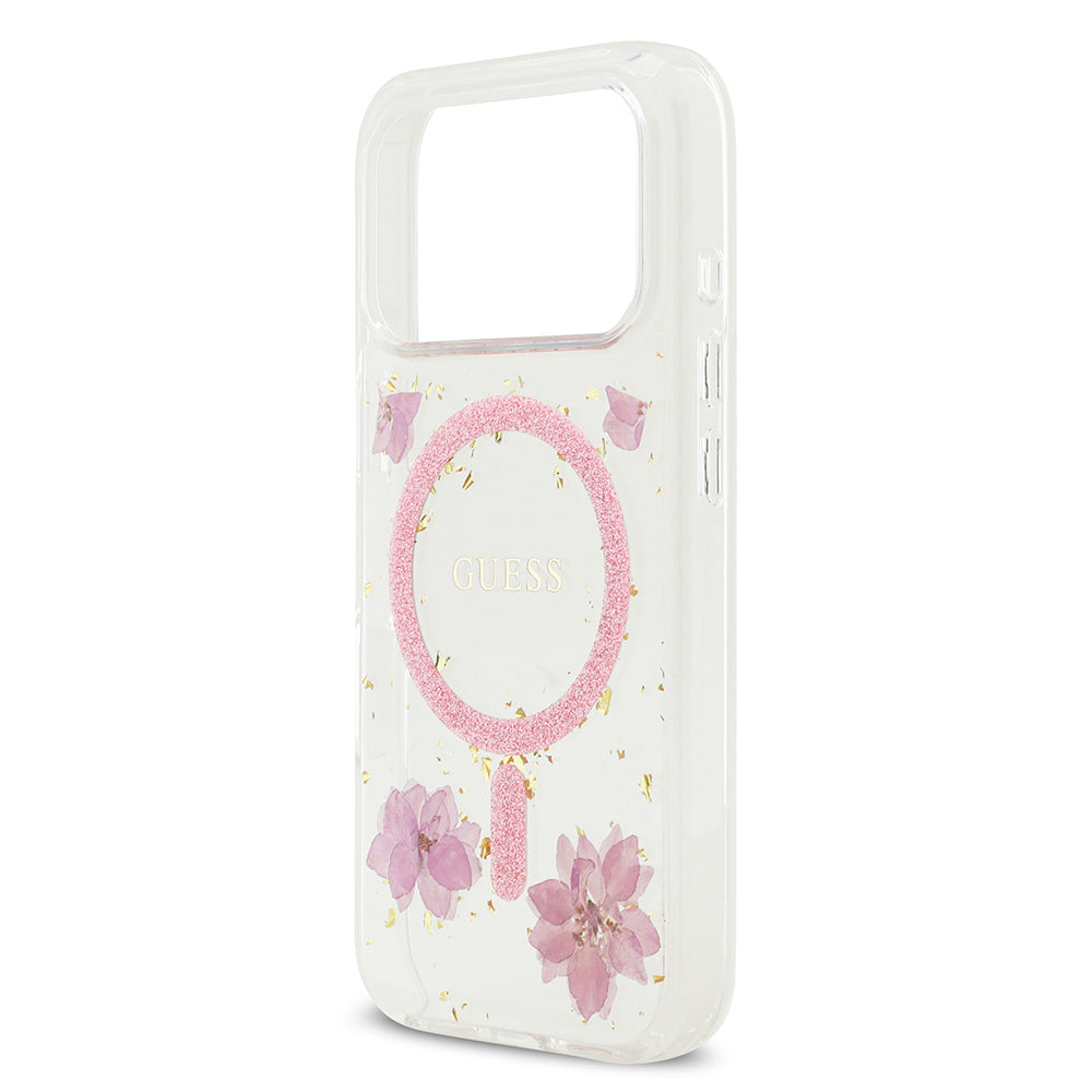 iPhone 17 Pro Kılıf Guess Orjinal Lisanslı M-safe Şarj Özellikli Transparan Resin Flowers Kapak