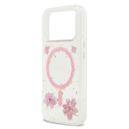 iPhone 17 Pro Kılıf Guess Orjinal Lisanslı M-safe Şarj Özellikli Transparan Resin Flowers Kapak