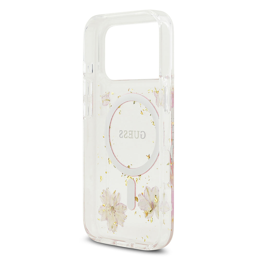 iPhone 17 Pro Kılıf Guess Orjinal Lisanslı M-safe Şarj Özellikli Transparan Resin Flowers Kapak