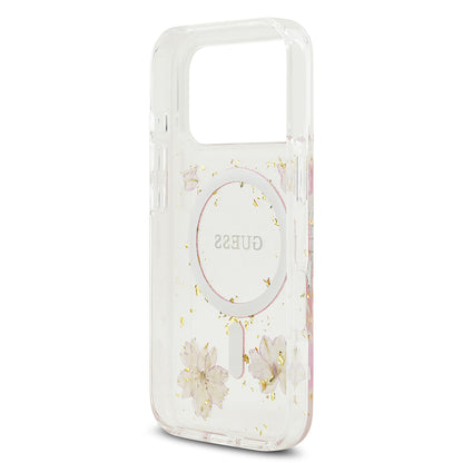 iPhone 17 Pro Kılıf Guess Orjinal Lisanslı M-safe Şarj Özellikli Transparan Resin Flowers Kapak
