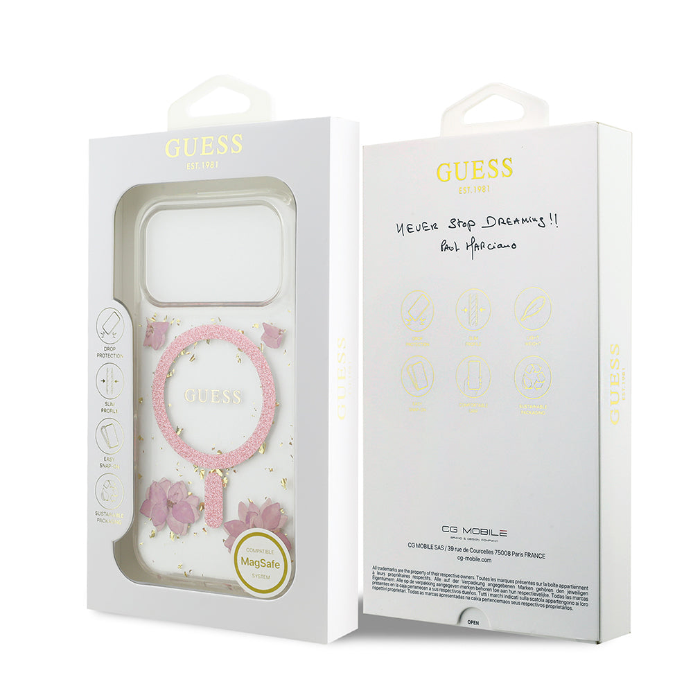 iPhone 17 Pro Kılıf Guess Orjinal Lisanslı M-safe Şarj Özellikli Transparan Resin Flowers Kapak