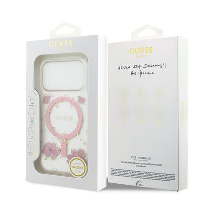iPhone 17 Pro Kılıf Guess Orjinal Lisanslı M-safe Şarj Özellikli Transparan Resin Flowers Kapak