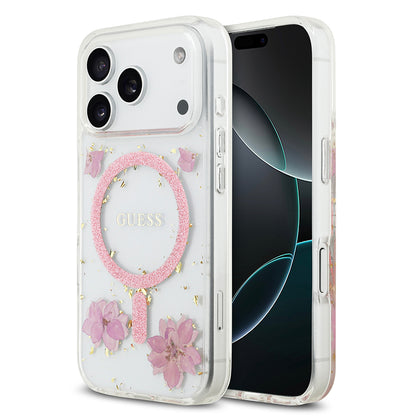 iPhone 17 Pro Kılıf Guess Orjinal Lisanslı M-safe Şarj Özellikli Transparan Resin Flowers Kapak