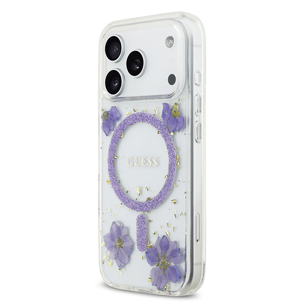 iPhone 17 Pro Kılıf Guess Orjinal Lisanslı M-safe Şarj Özellikli Transparan Resin Flowers Kapak
