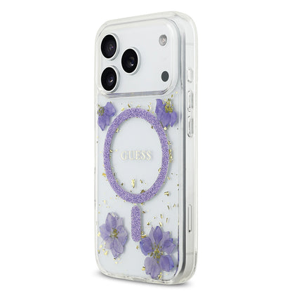 iPhone 17 Pro Kılıf Guess Orjinal Lisanslı M-safe Şarj Özellikli Transparan Resin Flowers Kapak