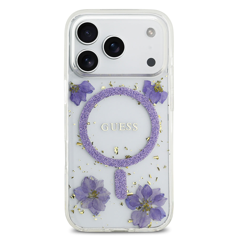 iPhone 17 Pro Kılıf Guess Orjinal Lisanslı M-safe Şarj Özellikli Transparan Resin Flowers Kapak