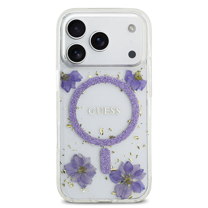 iPhone 17 Pro Kılıf Guess Orjinal Lisanslı M-safe Şarj Özellikli Transparan Resin Flowers Kapak