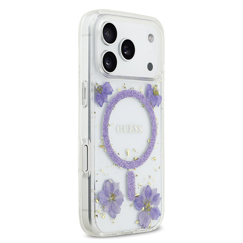 iPhone 17 Pro Kılıf Guess Orjinal Lisanslı M-safe Şarj Özellikli Transparan Resin Flowers Kapak