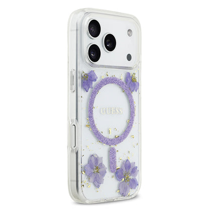 iPhone 17 Pro Kılıf Guess Orjinal Lisanslı M-safe Şarj Özellikli Transparan Resin Flowers Kapak