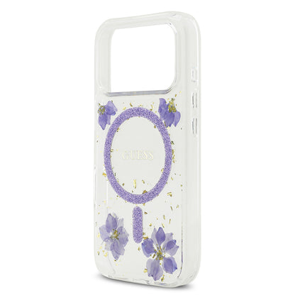 iPhone 17 Pro Kılıf Guess Orjinal Lisanslı M-safe Şarj Özellikli Transparan Resin Flowers Kapak