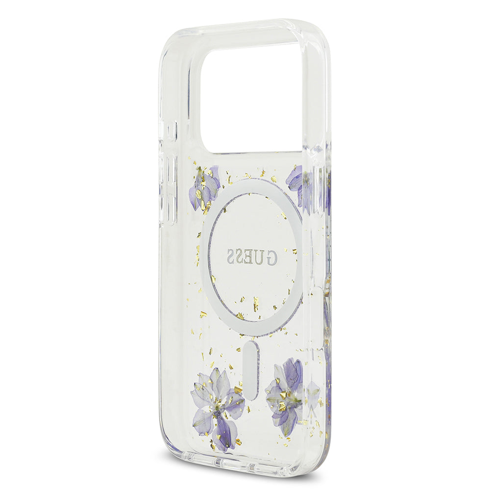 iPhone 17 Pro Kılıf Guess Orjinal Lisanslı M-safe Şarj Özellikli Transparan Resin Flowers Kapak