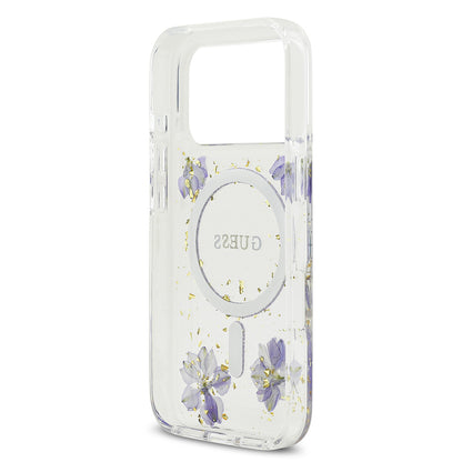 iPhone 17 Pro Kılıf Guess Orjinal Lisanslı M-safe Şarj Özellikli Transparan Resin Flowers Kapak