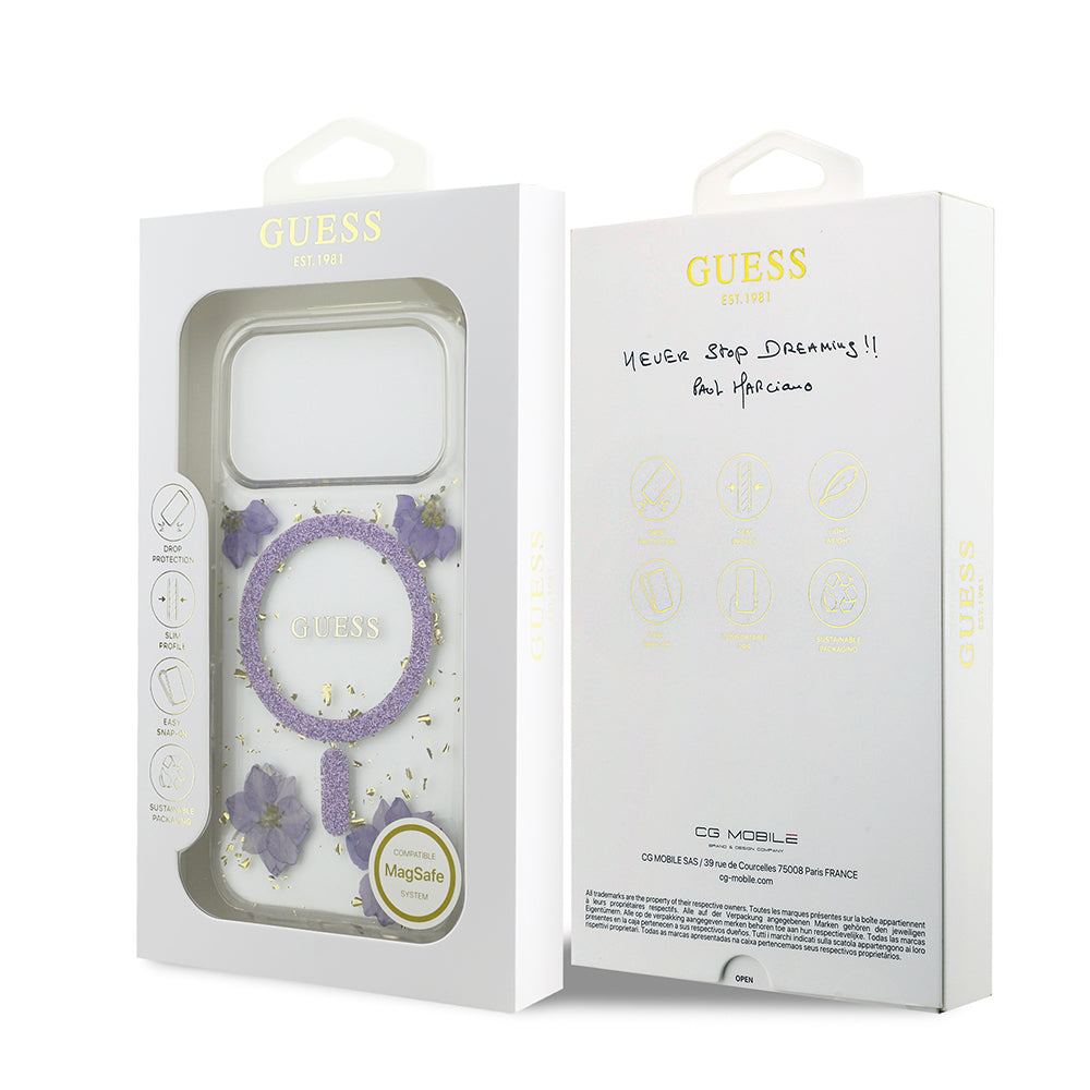 iPhone 17 Pro Kılıf Guess Orjinal Lisanslı M-safe Şarj Özellikli Transparan Resin Flowers Kapak