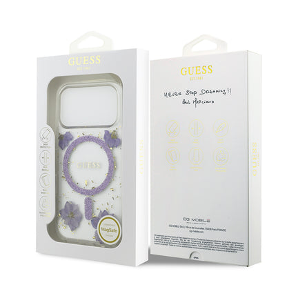 iPhone 17 Pro Kılıf Guess Orjinal Lisanslı M-safe Şarj Özellikli Transparan Resin Flowers Kapak