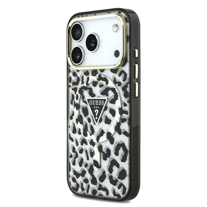 iPhone 17 Pro Kılıf Guess Orjinal Lisanslı M-safe Şarj Özellikli Üçgen Logolu Simli Leopar Desenli Kapak