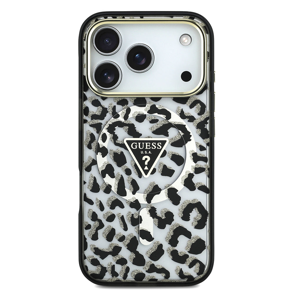 iPhone 17 Pro Kılıf Guess Orjinal Lisanslı M-safe Şarj Özellikli Üçgen Logolu Simli Leopar Desenli Kapak