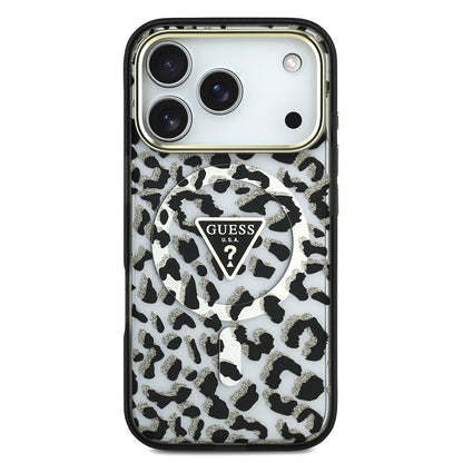 iPhone 17 Pro Kılıf Guess Orjinal Lisanslı M-safe Şarj Özellikli Üçgen Logolu Simli Leopar Desenli Kapak