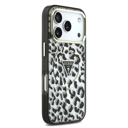 iPhone 17 Pro Kılıf Guess Orjinal Lisanslı M-safe Şarj Özellikli Üçgen Logolu Simli Leopar Desenli Kapak