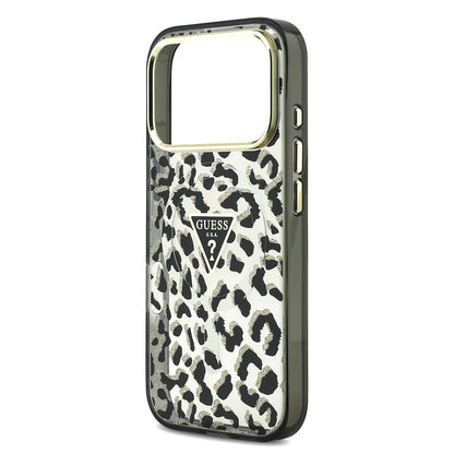 iPhone 17 Pro Kılıf Guess Orjinal Lisanslı M-safe Şarj Özellikli Üçgen Logolu Simli Leopar Desenli Kapak