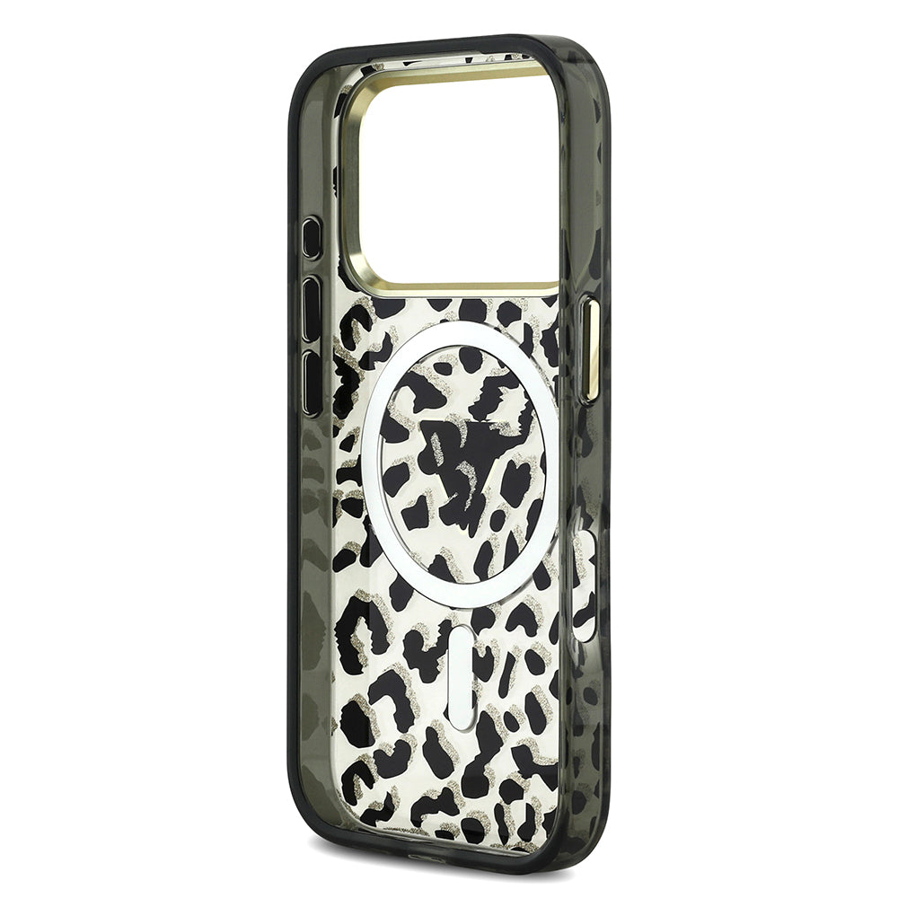iPhone 17 Pro Kılıf Guess Orjinal Lisanslı M-safe Şarj Özellikli Üçgen Logolu Simli Leopar Desenli Kapak