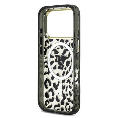 iPhone 17 Pro Kılıf Guess Orjinal Lisanslı M-safe Şarj Özellikli Üçgen Logolu Simli Leopar Desenli Kapak