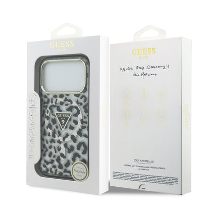 iPhone 17 Pro Kılıf Guess Orjinal Lisanslı M-safe Şarj Özellikli Üçgen Logolu Simli Leopar Desenli Kapak