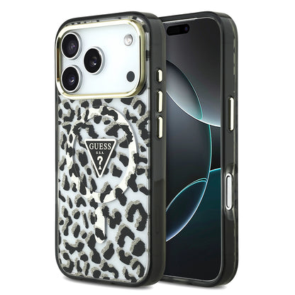iPhone 17 Pro Kılıf Guess Orjinal Lisanslı M-safe Şarj Özellikli Üçgen Logolu Simli Leopar Desenli Kapak