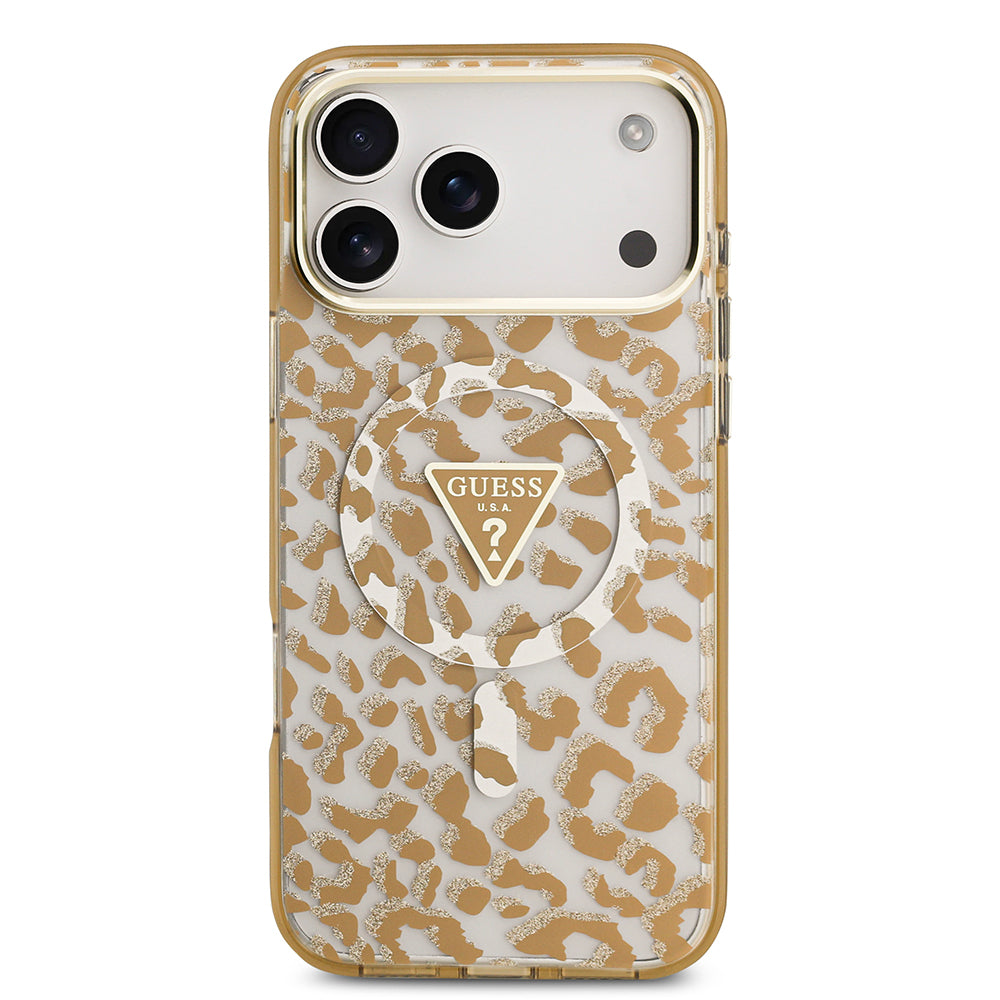iPhone 17 Pro Kılıf Guess Orjinal Lisanslı M-safe Şarj Özellikli Üçgen Logolu Simli Leopar Desenli Kapak