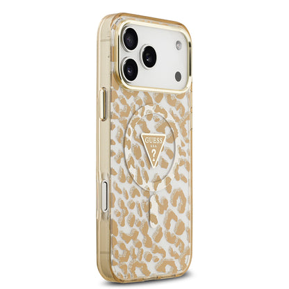 iPhone 17 Pro Kılıf Guess Orjinal Lisanslı M-safe Şarj Özellikli Üçgen Logolu Simli Leopar Desenli Kapak
