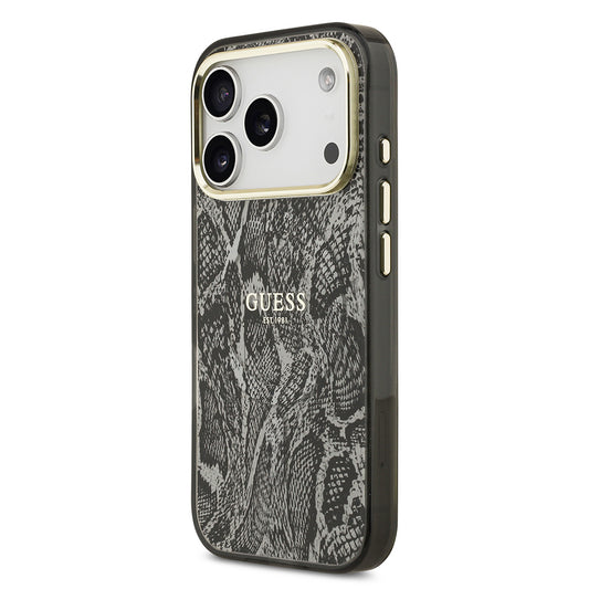 iPhone 17 Pro Kılıf Guess Orjinal Lisanslı M-safe Şarj Özellikli Yazı Logolu Python Desenli Kapak
