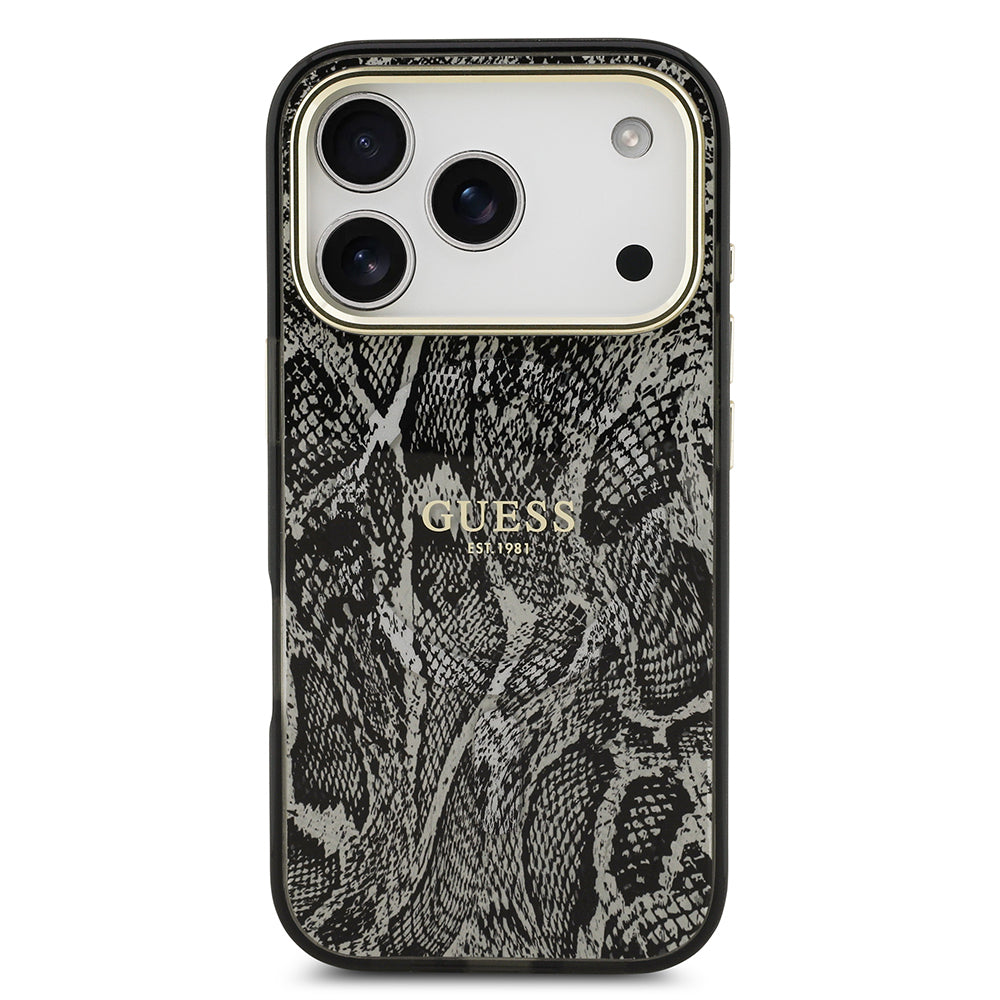 iPhone 17 Pro Kılıf Guess Orjinal Lisanslı M-safe Şarj Özellikli Yazı Logolu Python Desenli Kapak