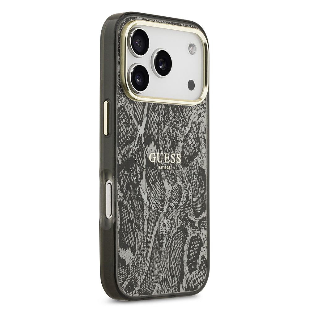 iPhone 17 Pro Kılıf Guess Orjinal Lisanslı M-safe Şarj Özellikli Yazı Logolu Python Desenli Kapak