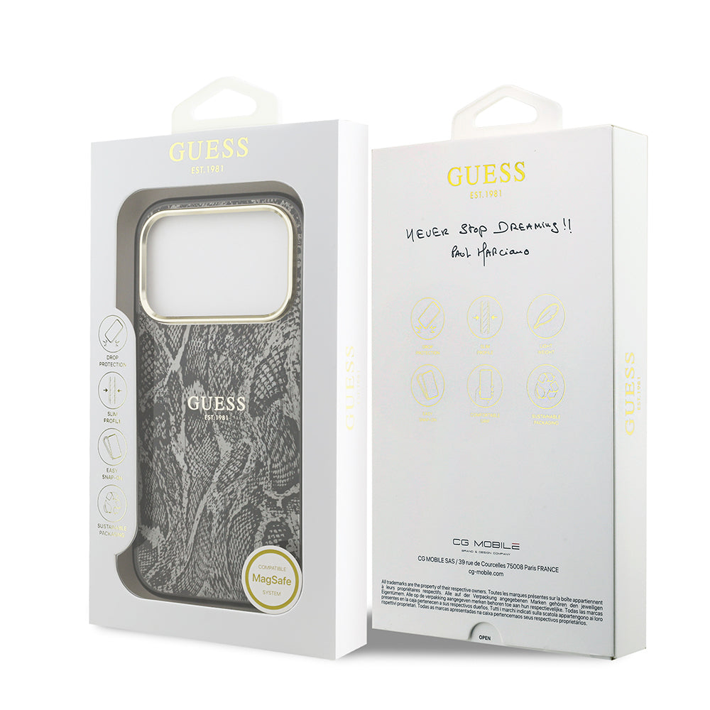 iPhone 17 Pro Kılıf Guess Orjinal Lisanslı M-safe Şarj Özellikli Yazı Logolu Python Desenli Kapak