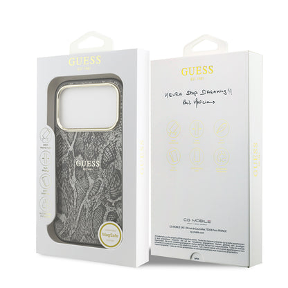 iPhone 17 Pro Kılıf Guess Orjinal Lisanslı M-safe Şarj Özellikli Yazı Logolu Python Desenli Kapak