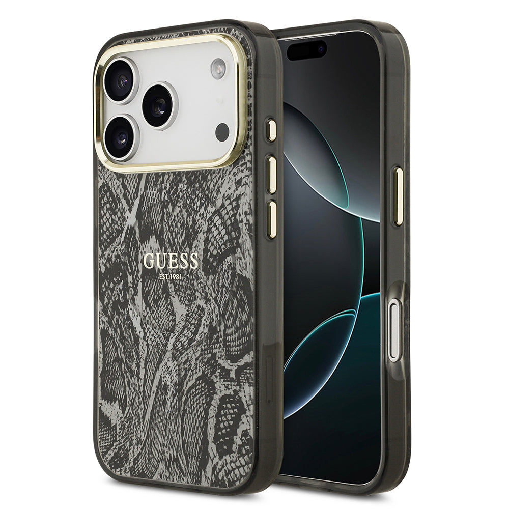 iPhone 17 Pro Kılıf Guess Orjinal Lisanslı M-safe Şarj Özellikli Yazı Logolu Python Desenli Kapak