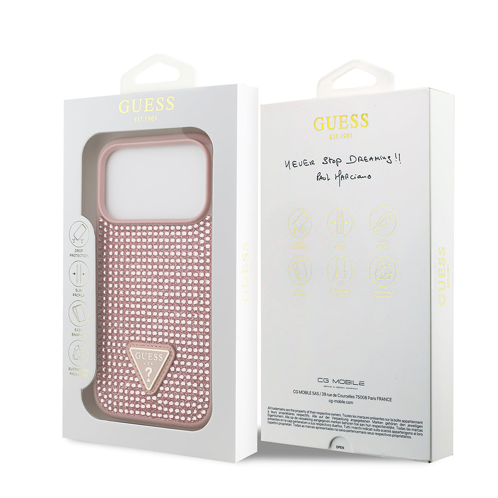 iPhone 17 Pro Kılıf Guess Orjinal Lisanslı Taşlı Arka Yüzey Üçgen Logolu Kapak