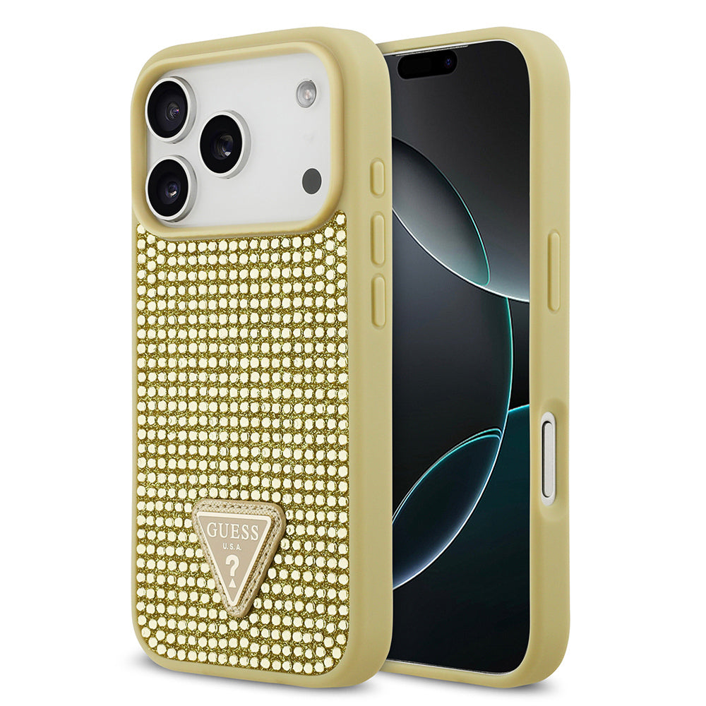 iPhone 17 Pro Kılıf Guess Orjinal Lisanslı Taşlı Arka Yüzey Üçgen Logolu Kapak