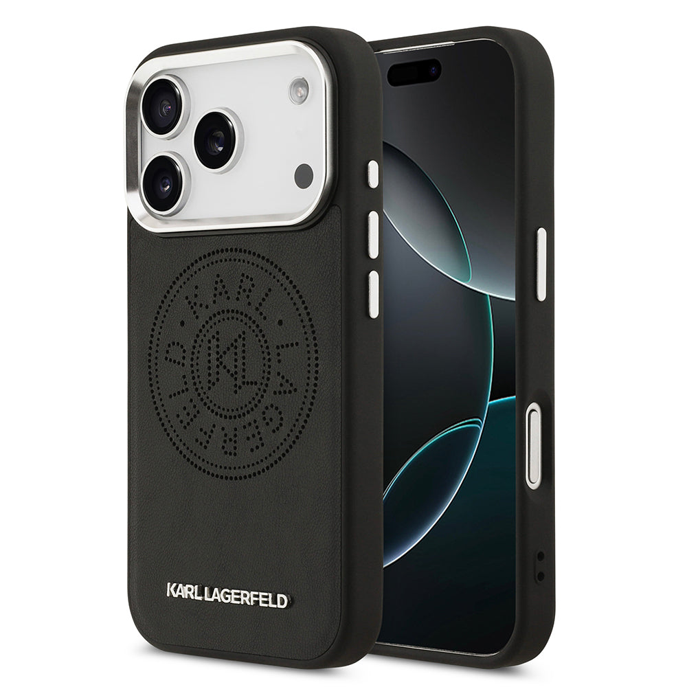 iPhone 17 Pro Kılıf Karl Lagerfeld Orjinal Lisanslı M-safe Şarj Özellikli Delikli Tasarım Metal Logolu PU Deri Kapak