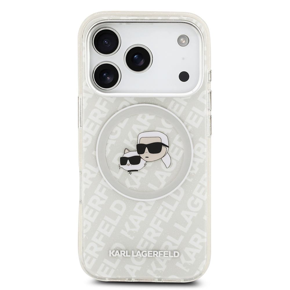 iPhone 17 Pro Kılıf Karl Lagerfeld Orjinal Lisanslı Parlayan Simli Karl & Choupette Heads Kapak