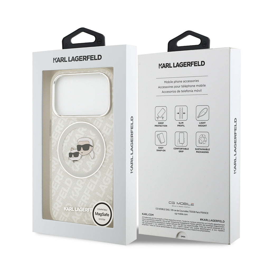 iPhone 17 Pro Kılıf Karl Lagerfeld Orjinal Lisanslı Parlayan Simli Karl & Choupette Heads Kapak