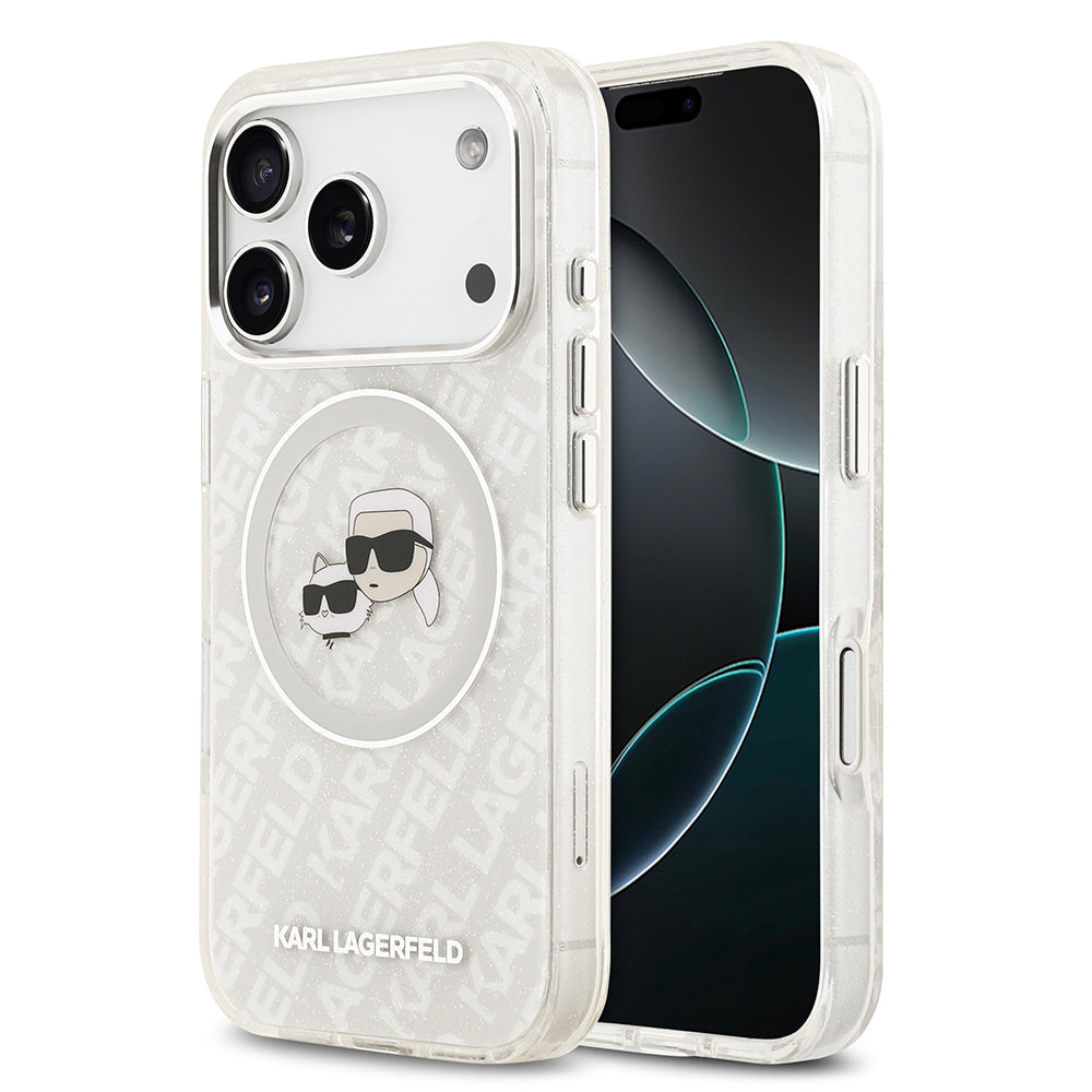 iPhone 17 Pro Kılıf Karl Lagerfeld Orjinal Lisanslı Parlayan Simli Karl & Choupette Heads Kapak